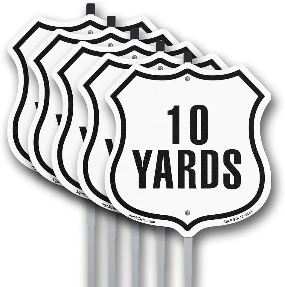 10 Yards Golf Course Running Race 5k Marathon Distance Marker (5 Pack) 12 inch X 12 inch Shield Shaped Commercial Grade Plastic Signs with Aluminum Mounting Stakes Weather Resistant Made in the USA