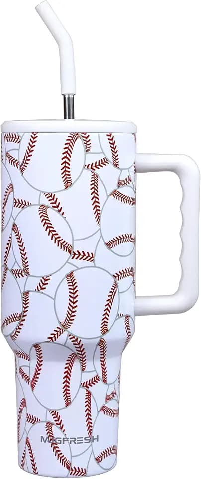 Baseball Tumbler 40 oz with Handle and Straw, Baseball Gifts for Sports Lovers Cup Holder Friendly Insulated Travel Mug Stainless Steel Water Bottle