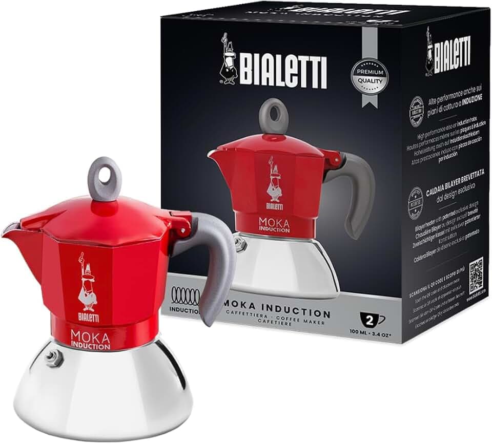 Bialetti - Moka Induction, Moka Pot, Suitable for all Types of Hobs, 2 Cups Espresso (3.4 Oz), Red