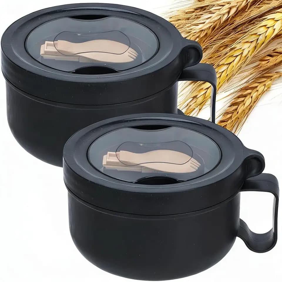 2 Pack Soup Bowl with Handles, Microwave Ramen Bowl with Lid for Soup and Instant Noodles,Oatmeal, Gumbo, Salad,BPA Free(Black Black)