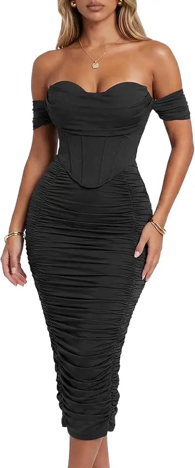 Scarlett Women's Off the Shoulder Faux-Corset Ruched Midi Dress