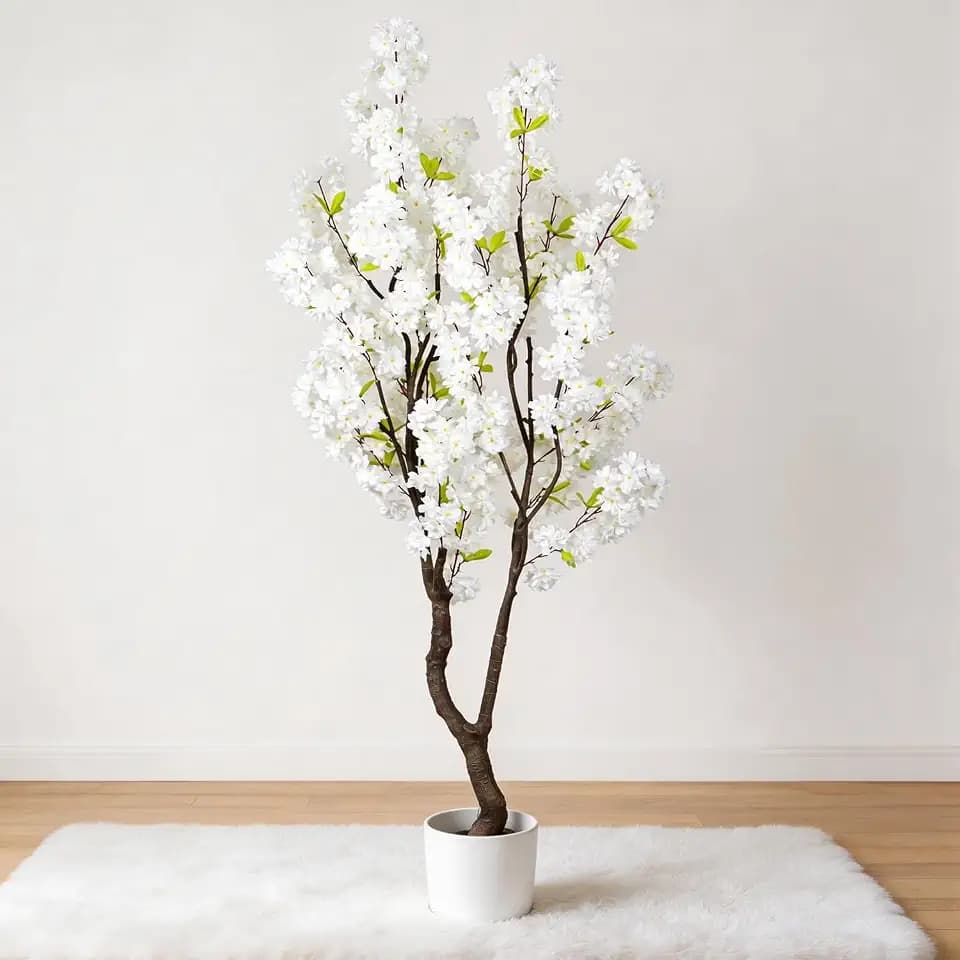 6.56ft White Artificial Cherry Blossom Tree Indoor Decor,Nearly Nature Silk Flower Fake Tree Tall,Realistic Faux Cherry Plant Tree for Christmas New Year Home Decor