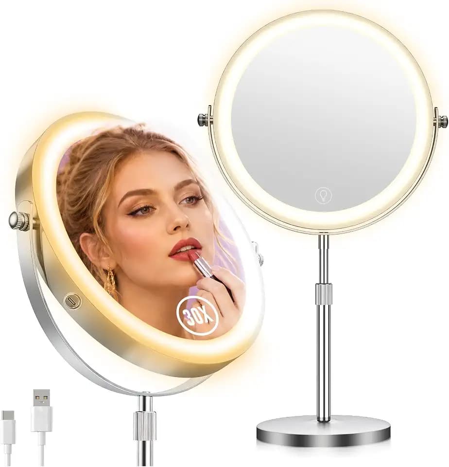 1X/30X Makeup Mirror with Lights, 9" Magnifying Mirror Height Adjustable Double Sided Vanity Mirror, 360° Rotation Cosmetic Mirror for Desk Bathroom, Ideal Gift for Women - Nickel