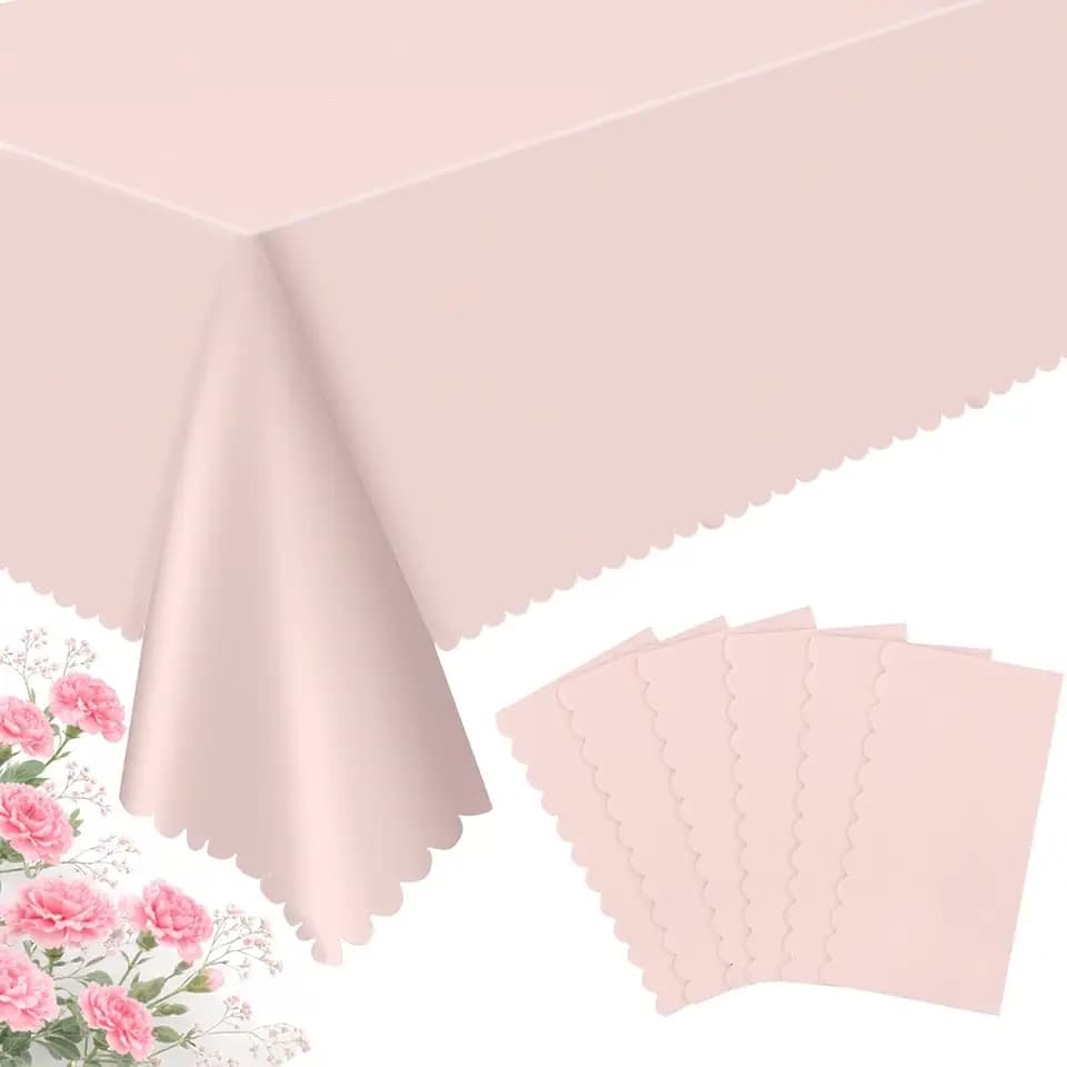 NatNarr 6 Pcs Plastic Light Pink Tablecloths, Scalloped Table Cloths