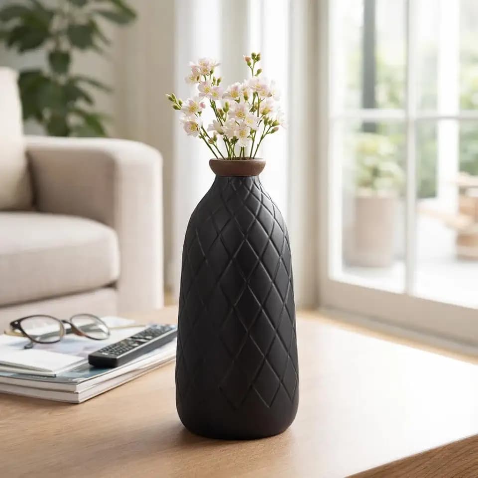 Ceramic Vase with Plaid Textured Pattern for Living Room Decor and Home Accent - Decorative Flower Vase for Room, Bedroom or Office Display - Elevate House and Table Decor Styling - 12", Black