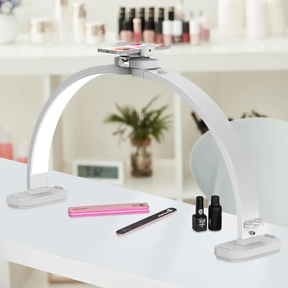 FAHKNS Half Moon Light for Nail Desk, Upgraded Nail Light for Desk, LED Light Used for Nail Art Tattooing, Eyelash Extension, 28IN Folding Lamp, 3 Color Temperature, White