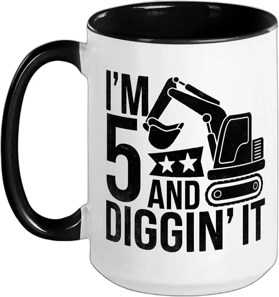 I'm 5 And Diggin' It Excavator Construction Birthday Ceramic Mug, Black/White, 15oz