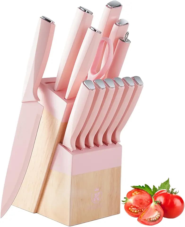 14-Piece Aesthetic Pink Knife Set with Wood Block Non-Rust Elegant Gifts