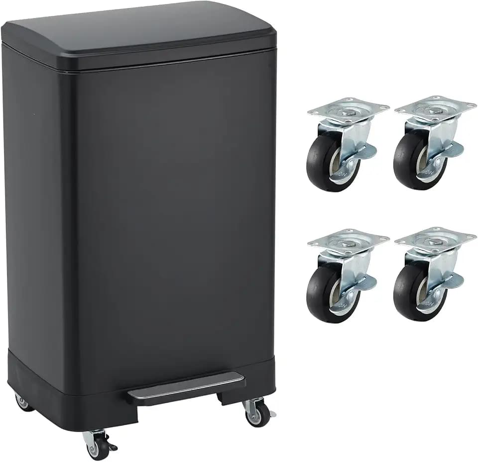 GarveeLife 16Gal/ 60L Stainless Steel Kitchen Trash Can with Wheel, Step Pedal, Soft-Close Lid, Removable Inner Bucket, Fingerprint Resistant, Rustproof Garbage Bin for Kitchen, Office– Black