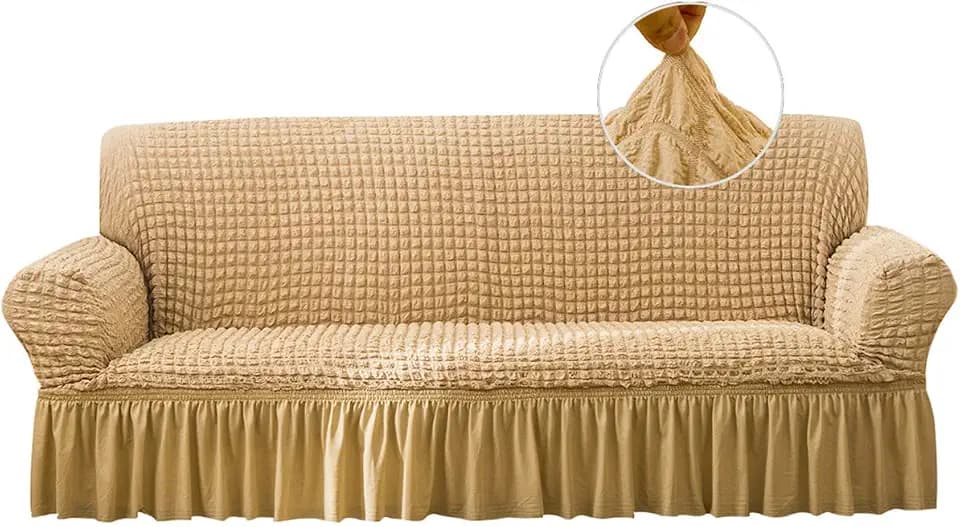Qubjus Stretch Sofa Slipcover Sofa Covers Washable Couch Sofa Bed Cover Easy Fit Furniture Protector with Elastic Bottom and Skirt (Beige, Large)