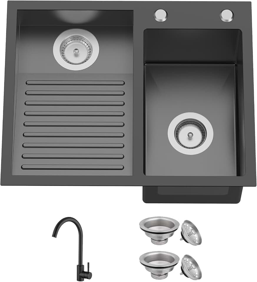 23.6x18.9In Black Stainless Steel Laundry Sink With Washboard,Double Bowl