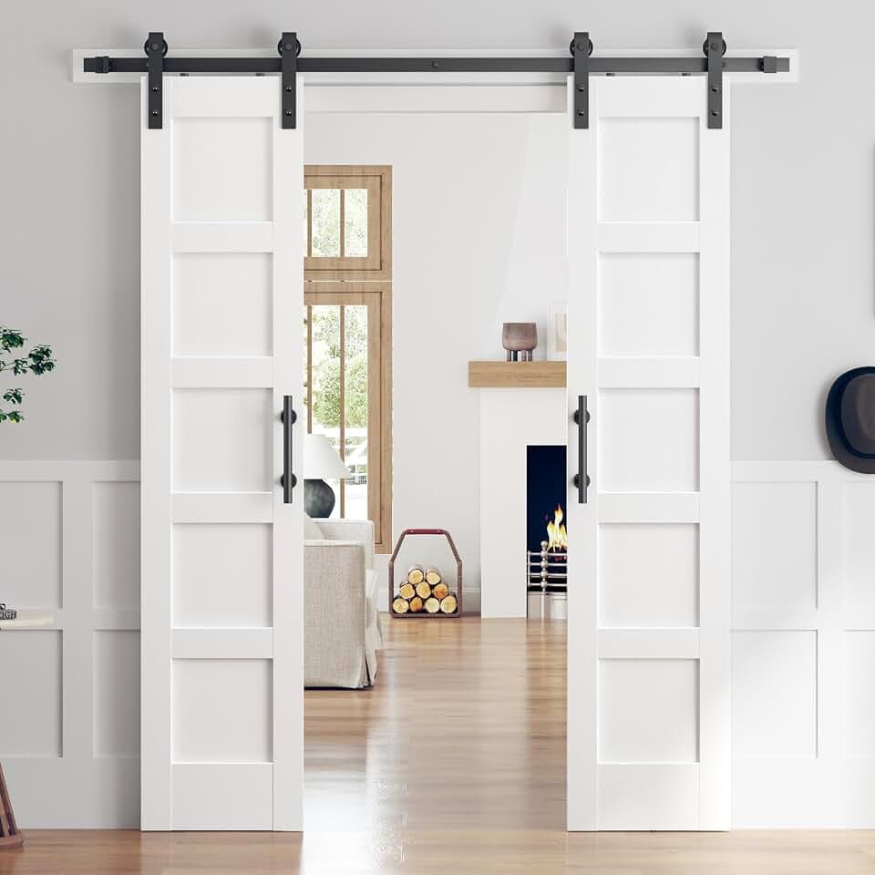 Double 18×84 Inch White Sliding Barn Door Slab with 6.6ft Hardware Kit Included, 5-Panel, MDF Wood Panel Covered with Water-Proof Scratch-Proof PVC Surface, Simple DIY Assembly