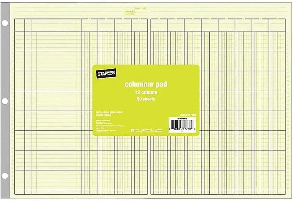 Staples 12-Column Accounting Ledger Columnar Book, Green, 16.31x11