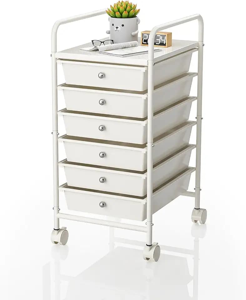 Rolling Storage Cart with Drawers 6-Tier Lock Wheels Office White