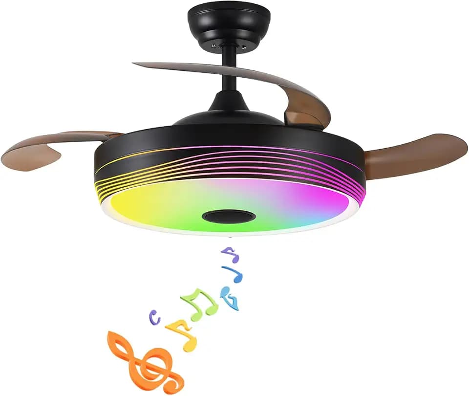 48'' Retractable Ceiling Fan with Light and APP/Remote Control, Fandelier Modern Smart Ceiling Fan with Bluetooth Speaker, RGB Color, 6 Speed, LED Dimmable&Memory,Black