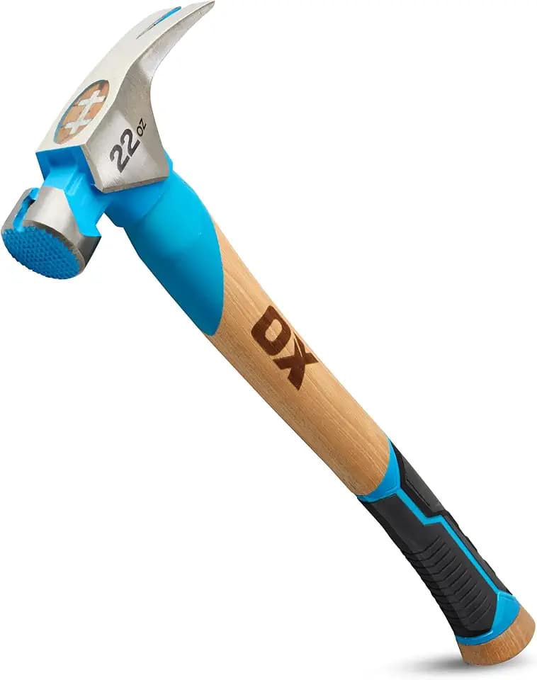 OX Pro Framing Hammer 22 oz MIlled Face with Curved Hickory Wood Handle Hammer wit Rubber Handle Grip - Martillos De Construccion