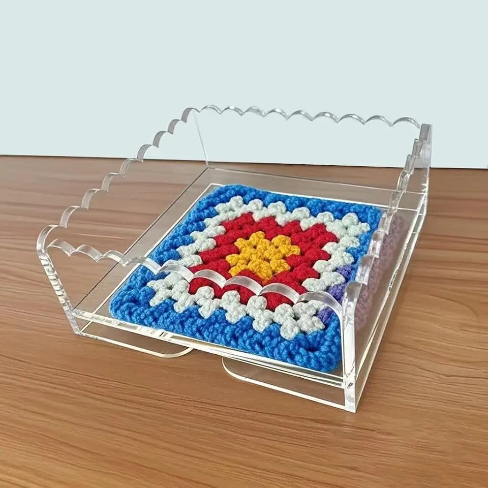 Acrylic Scalloped Tray 8.46" x 8.46" Large Clear Acrylic Tray for Insert Customizable Photos, Art, and Fabric Scalloped Basket for Needlepoint Napkin Frame Display Messages