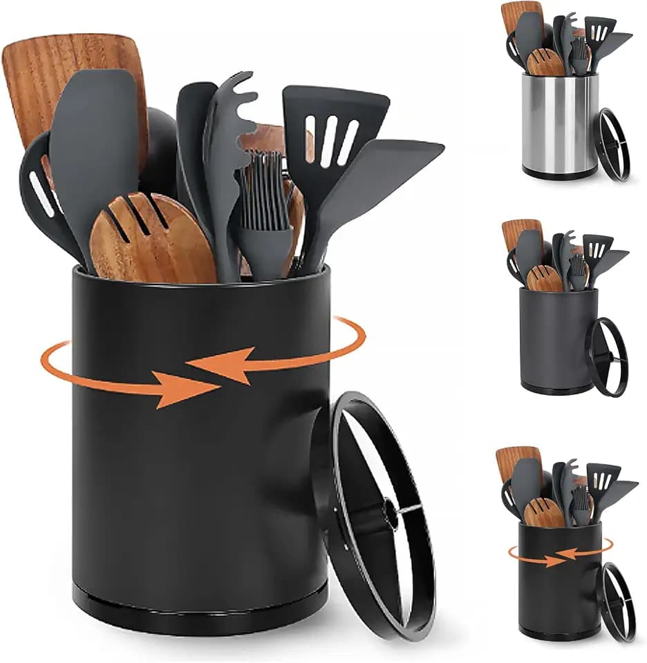 Nigelia Extra Large Kitchen Utensil Holder, 360° Rotating Stainless Steel Cooking Utensil Holder for Countertop, 3 Compartment Flatware Organizer & Cooking Caddy with Removable Base(Black)