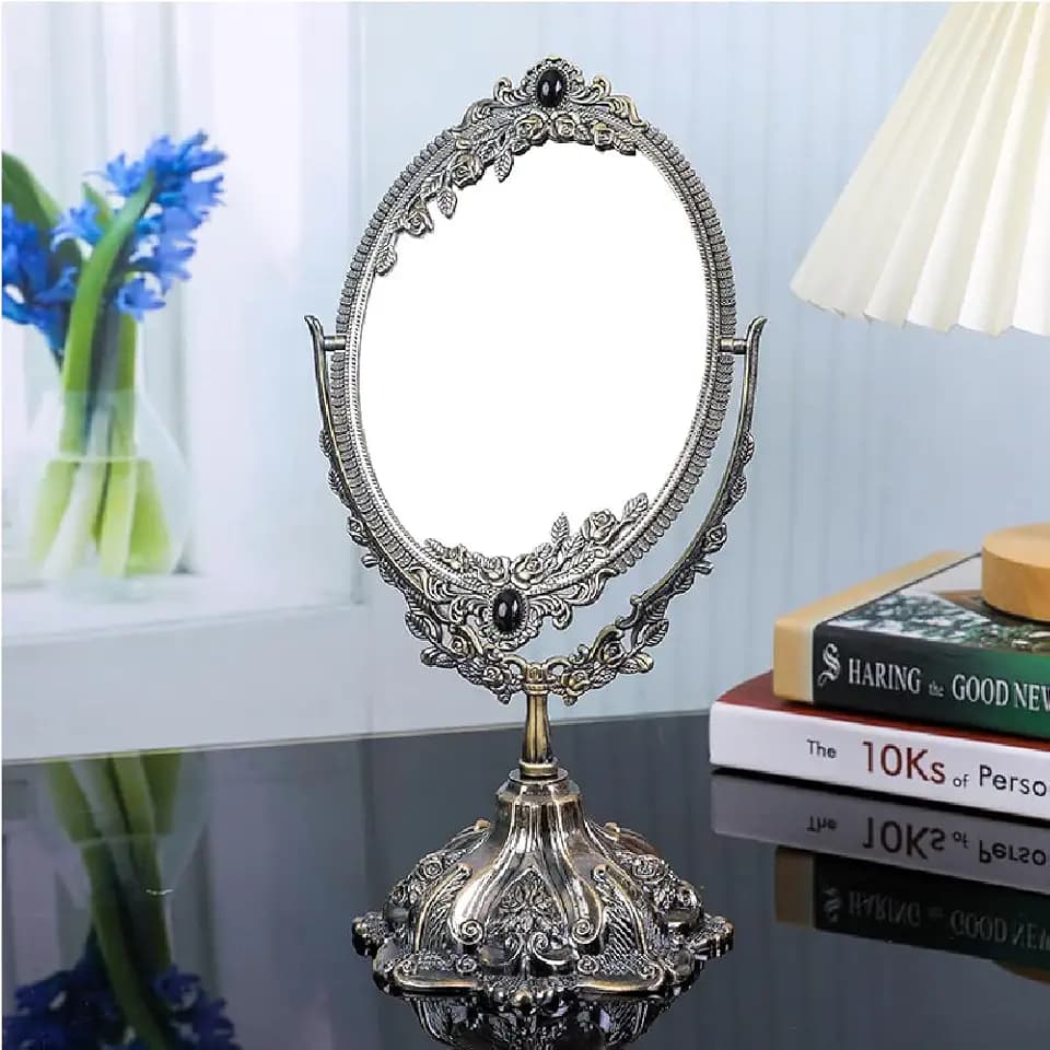 Guppy 15 inch Metal Vintage Makeup Mirror, Tabletop Oval Cosmetic Mirror, Vintage Swivel Double Sided Cosmetic Mirror with Embossed Frame Stand Base, Retro Mirror for Dresser Gift-Antique Bronze