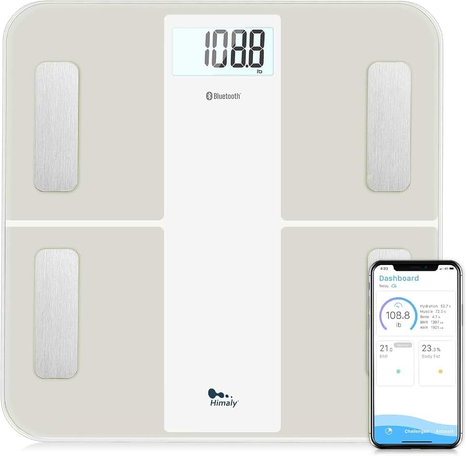 himaly Körperfettwaage Digital Personenwaage Bluetooth, Waage Körperfett mit LCD Display, bis 180kg/200lb/28st, 30 x 30 mm, USB Rechargeable, APP Körperanalyse, Intelligentes Farbsystem(Weiß)