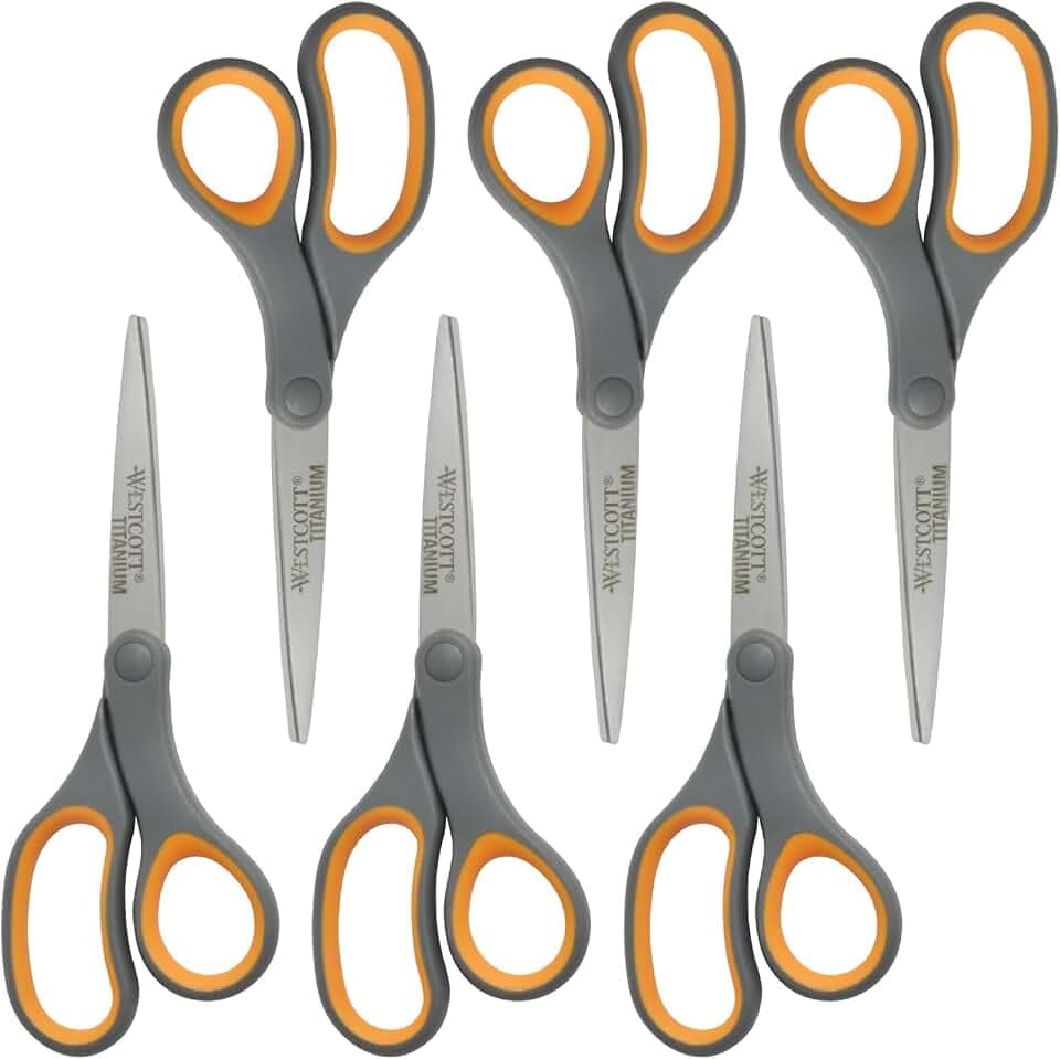 Westcott Titanium Bonded Scissors, Soft Handle, 8", Straight, Gray/Yellow, 6-Pack