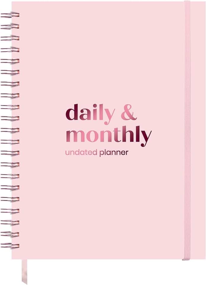 Undated Daily & Monthly Planner 2026-2027 | Hourly Schedule | Large 8.5" x 11" | Daily Work Planner with Full Page Per Day, To Do List, Time Blocking, Pink Hardcover Spiral Notebook