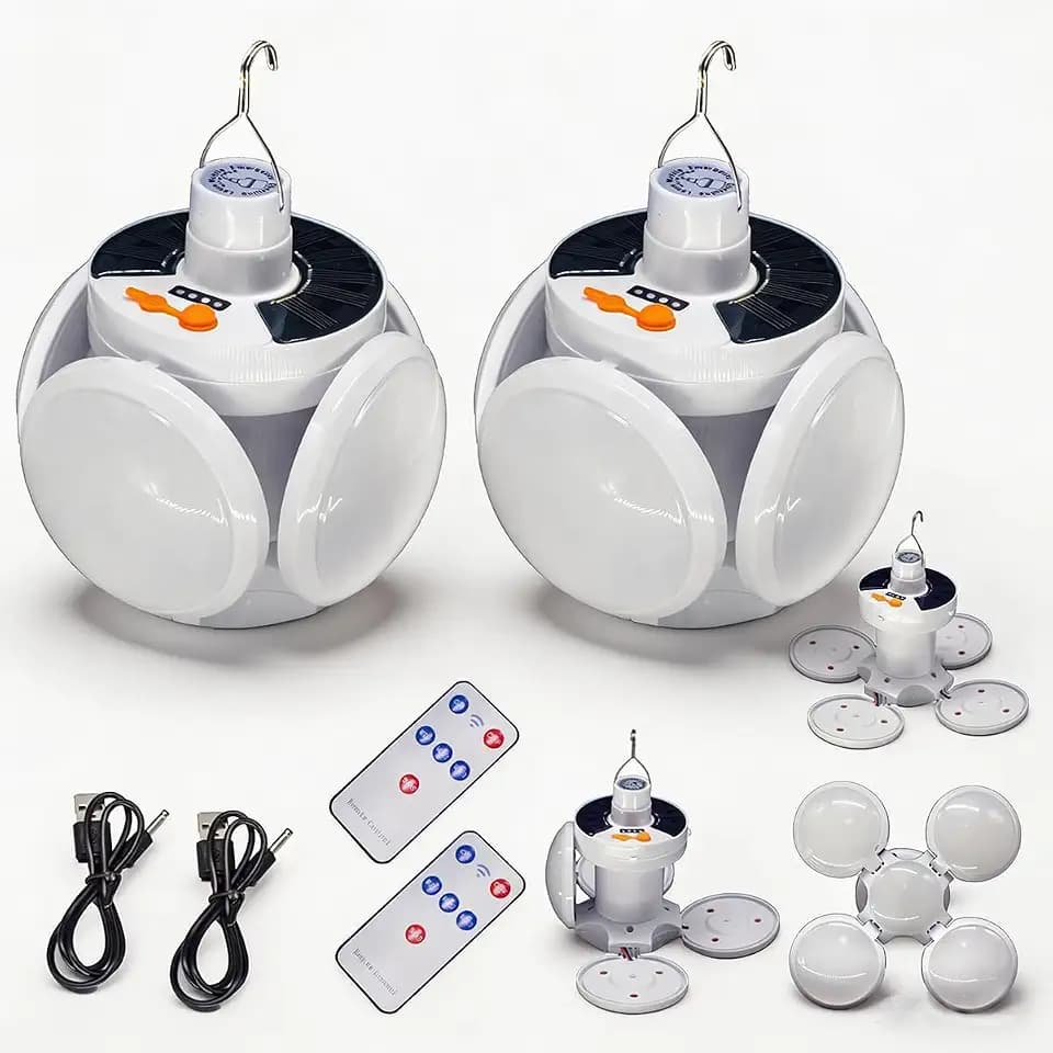 2 Pack Folding Solar Camping Tent Lights USB Rechargeable Hanging