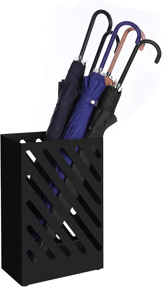 SONGMICS Metal Umbrella Stand, Rectangular, Removable Drip Tray, 4 Hooks