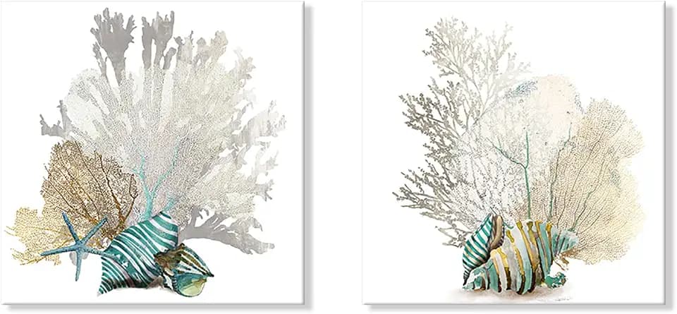 JAPO ART White Coral Wall Art Coastal Wall Decor Beach Bathroom Decor Sea Shell Pictures Sea Fan Nautical Painting Ocean Wall Art for Livingroom Bedroom Home Walls 12x12Inchx2pcs