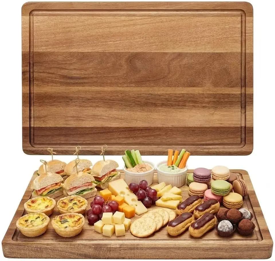 Acacia Wood Cutting Board, 18 x 12 x 1 Inch Chopping Board, Thick Butcher Block with Deep Juice Groove and Inner Handles for Meat, Fruit, and Vegetables