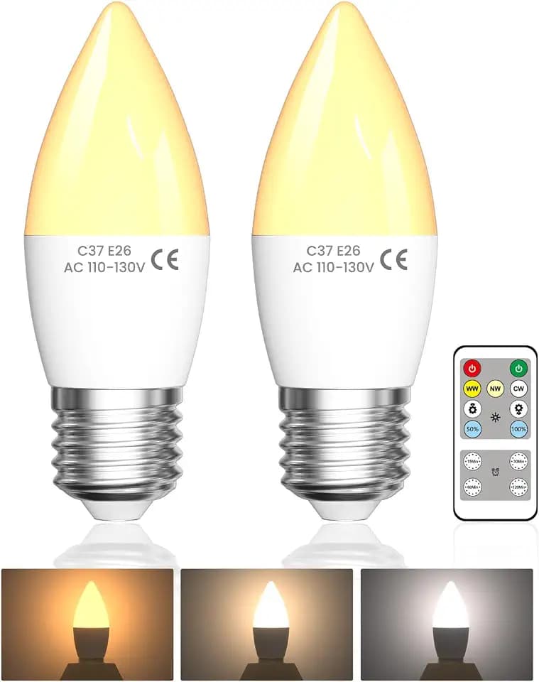 Lustaled 4W E26 LED Light Bulb with Remote Control, Dimmable B11 Edison Candle Light Bulbs 40 Watt Equivalent, 3 Color & Timer, 120V Candelabra Medium Base for Lamps Chandeliers, Non-Rechargeable