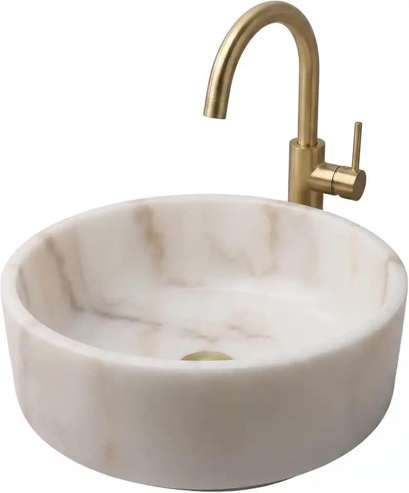 16" Natural Stone Round Bathroom Vessel Sink,White Marble Bathroom Sink, Vanity Bowl Basin