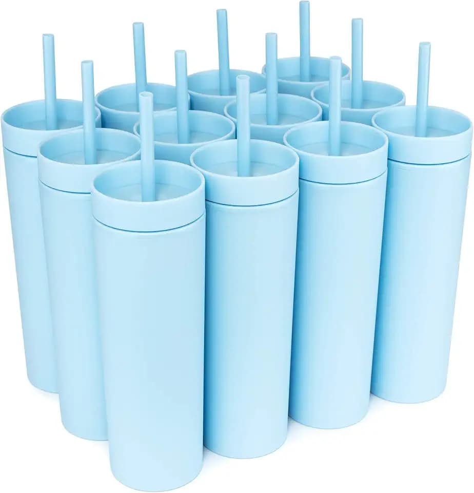 STRATA CUPS Periwinkle Skinny Tumblers with Lids and Straws (12 pack) - 16oz Double Wall Acrylic Tumbler, Tall Matte Skinny Tumblers, Bulk with Free Straw Cleaner, Reusable Cups