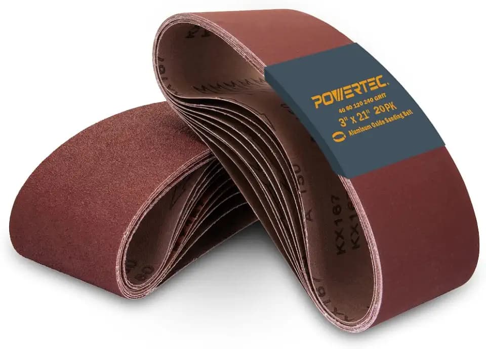 POWERTEC 3 x 21 Inch Sanding Belts, 20PK, 5 Each of 40/80/120/240 Grits Aluminum Oxide Sandpaper, 3x21 Sanding Belt for Portable Belt Sander, Woodworking, Paint Sanding, Metalworking (11043-2)