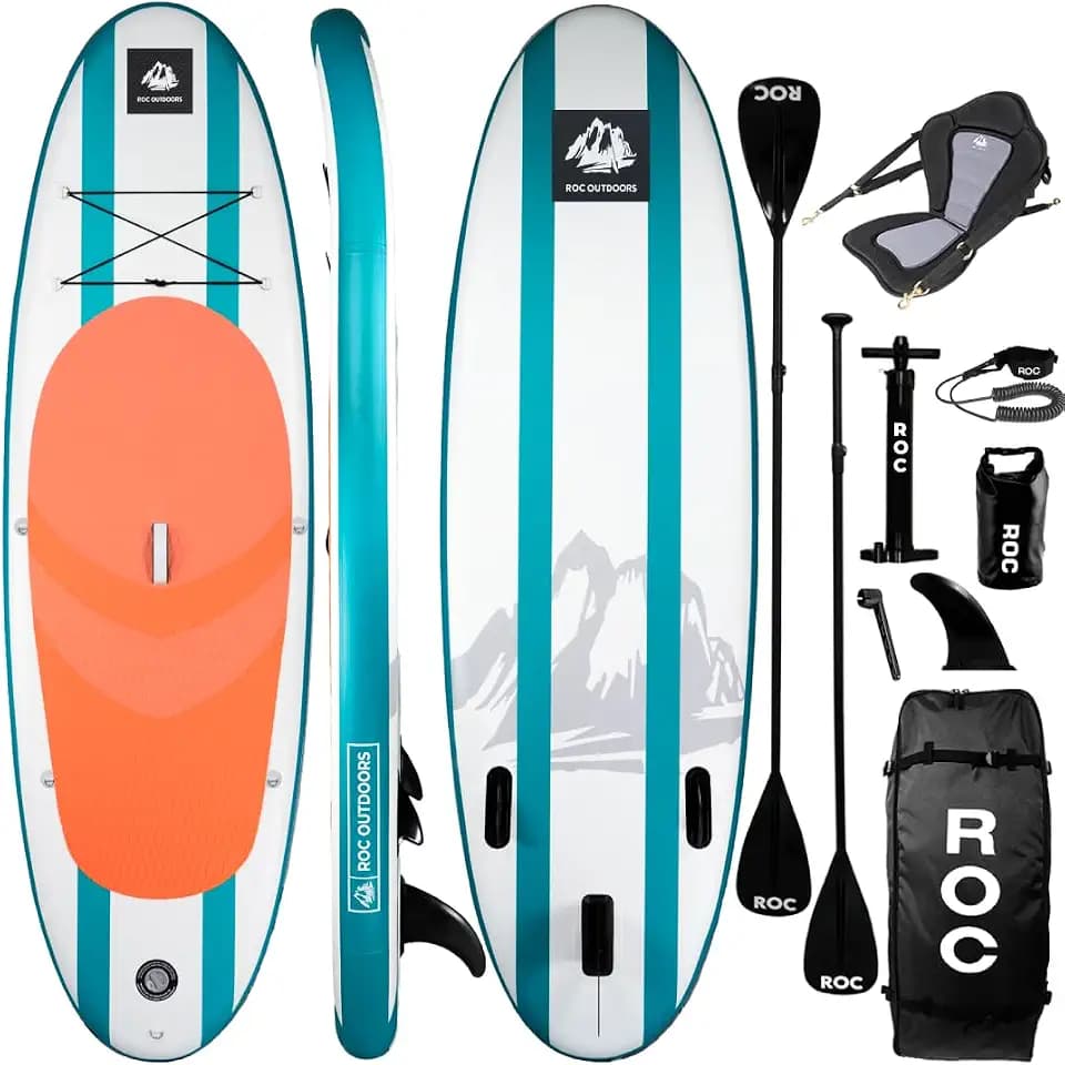 Roc Inflatable Stand Up Paddle Board 10' 6" with Premium SUP Paddle Board Accessories, Wide Stable Design, Non-Slip Comfort Deck for Youth & Adults (Coral W/Kayak Seat)