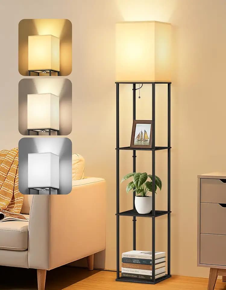 OUTON Floor Lamp with Shelves, Modern Square Standing Shelf Lamp, Black