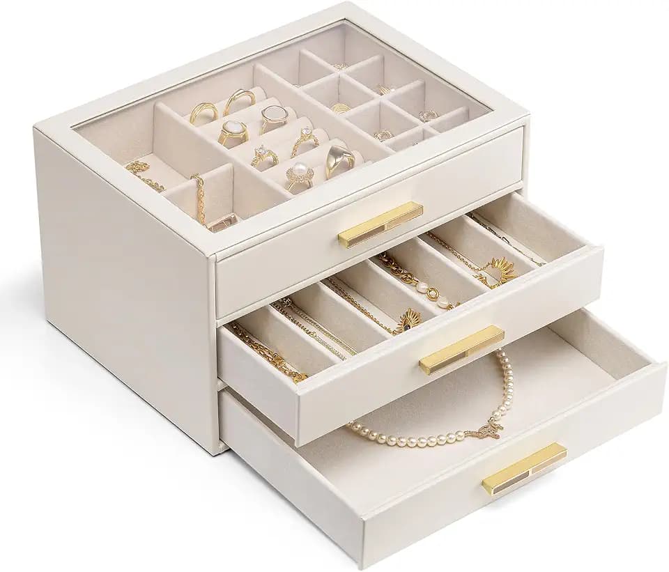Vlando 3-Drawer Jewelry Box Organizer with Glass Lid, Beige