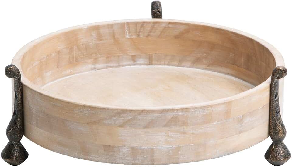 NIKKY HOME Round Wood Decorative Tray, 10 Inch Farmhouse Distressed Candle Tray, Centerpiece Decor for Coffee Bar, Kitchen Counter, Dining Room Table - Natural Wood