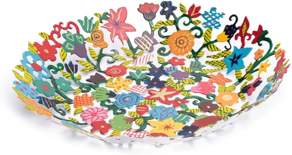 EMANUEL Yair Decorative Metal Fruit Bowl | Vibrant Hand Painted Bowl | Hangable Centerpiece Bowl for Home Decor and Gifting | Judaica Art (10 inch, Flowers)