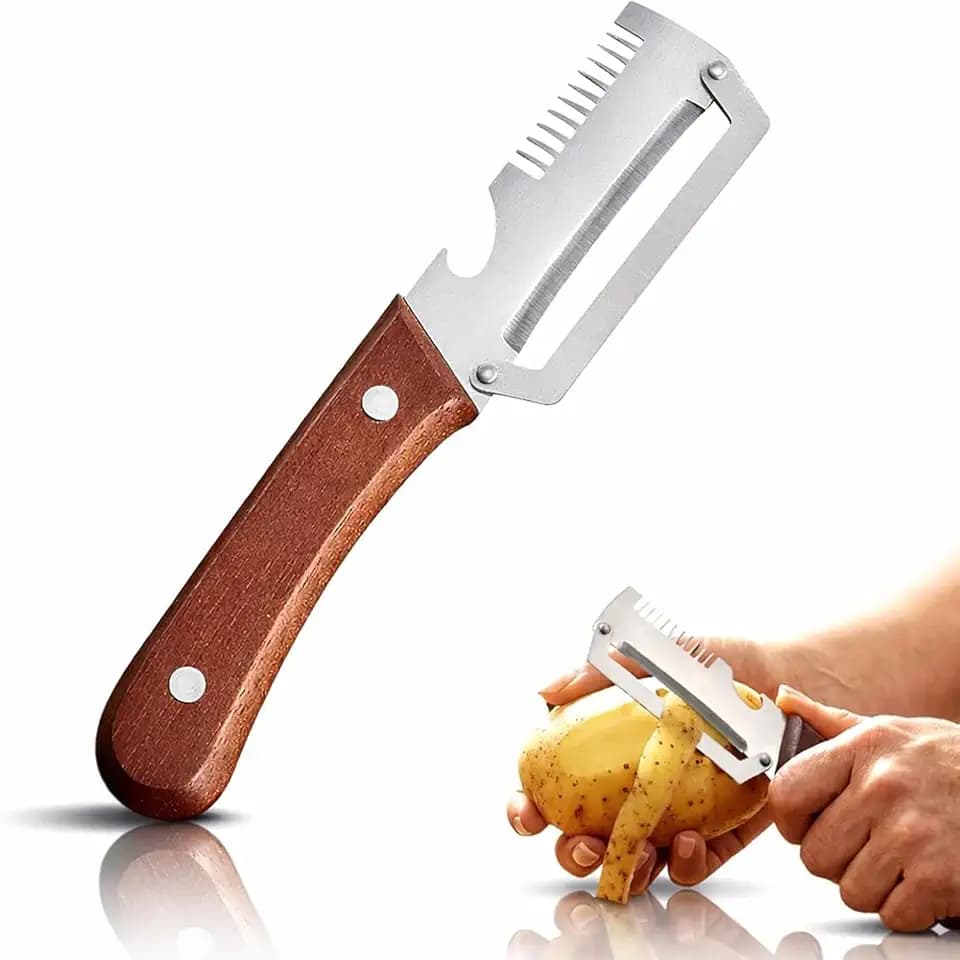 2026 Upgrade Multi-Functional Vegetable Peeler, 3 in 1 Multi Functional Wooden Handle Peeler and Bottle Opener, Kitchen Gadgets Tool for Fruit Pumpkin Peeling Potato Carrot Veggie Peeler (1)