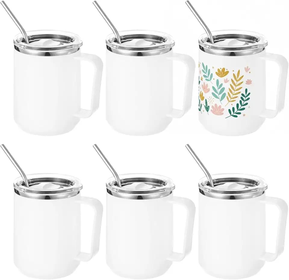 6 Pcs Sublimation Coffee Mug Blanks with Handle and Lid, 15 oz Stainless Steel Coffee Mugs for Hot Cold Drinks, Double-Walled Tumblers, Includes Straws and Brushes