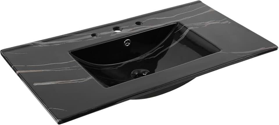 JONATHAN Y Ancillary 36" Bathroom 3-Hole Sink Top, Black Marble Effect