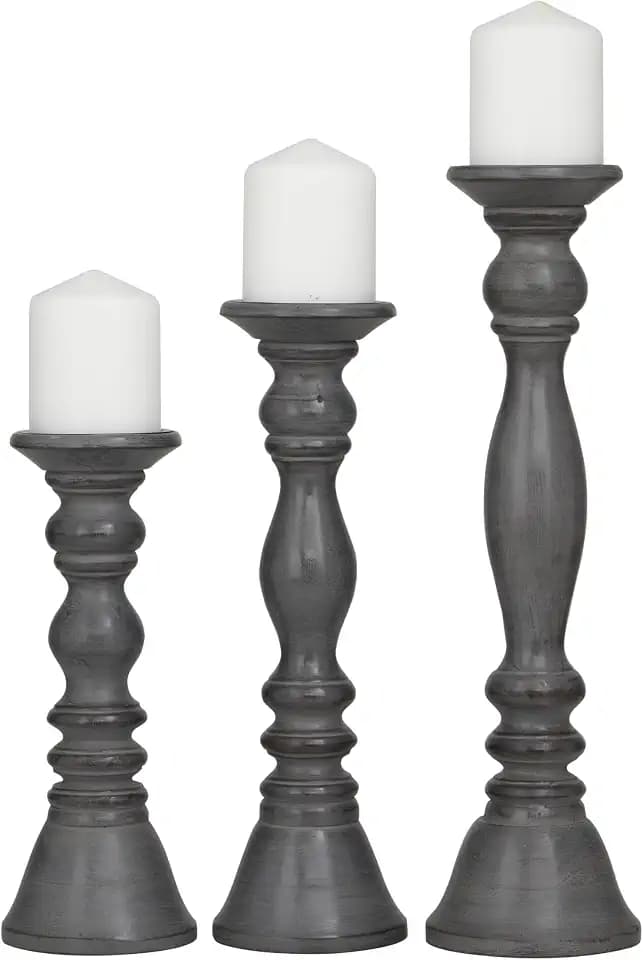 Deco 79 Wood Decorative Candle Holder Candle Stand, Set of 3 Candlestick Holder 18, 15, 12" H, Gray