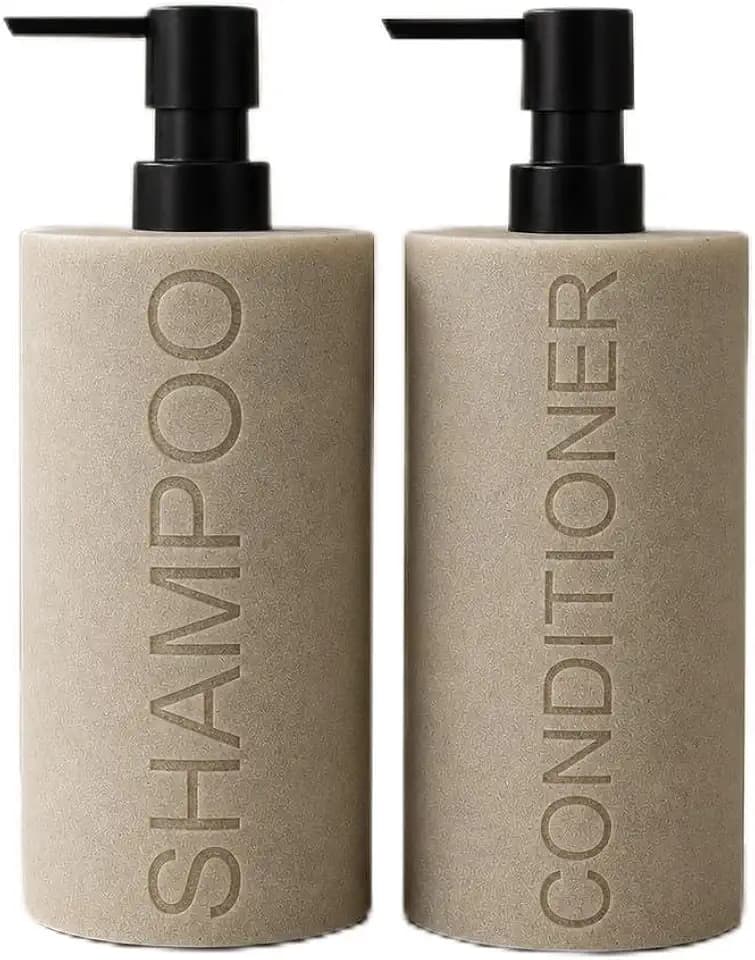 Resin 2 Pack Shampoo, Conditioner or Body Wash Dispenser Set, Luxurious Refillable Pump Bottles with Matte Pump Top and Embossed Text, Durable Design for Bathroom and Shower