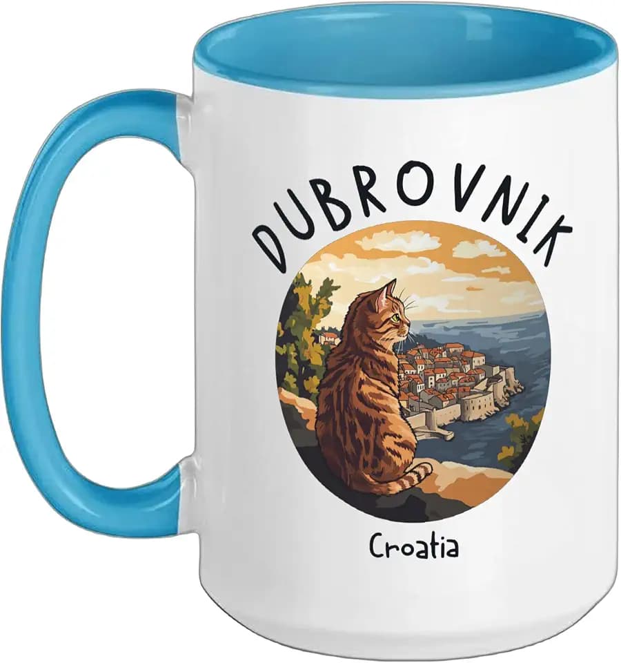 Dubrovnik Croatia Cat/Dubrovnik Ceramic Mug, Blue/White, 15oz