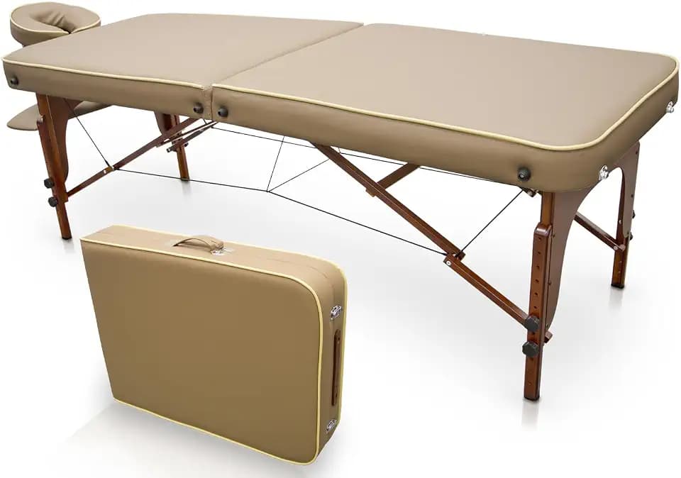 QUIRUMED Massageliege für SPA, tragbar, Holz, Sandfarbe, lackiertes Holz, Kunstleder, hochdichte Polsterung, höhenverstellbar, klappbar, abnehmbarer Kopf, bis zu 210 kg