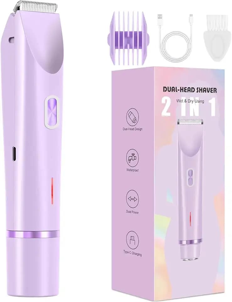 Bikini Trimmer for Women, Dermave Bikini Shaver, Dual Head Shaver Painless Hair Removal for Face, Body & Intimate Areas (Purple)