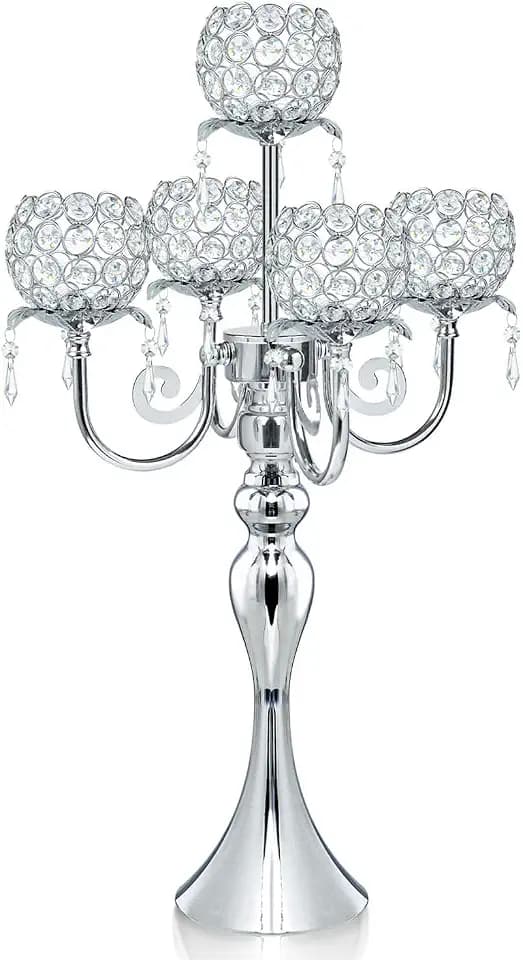 Silver 5 Arms 22.5 Inch Crystal Exquisite Candle Holder with Pendant, Elegant Table Decoration Home Decor for Restaurant Party Birthday Wedding Date