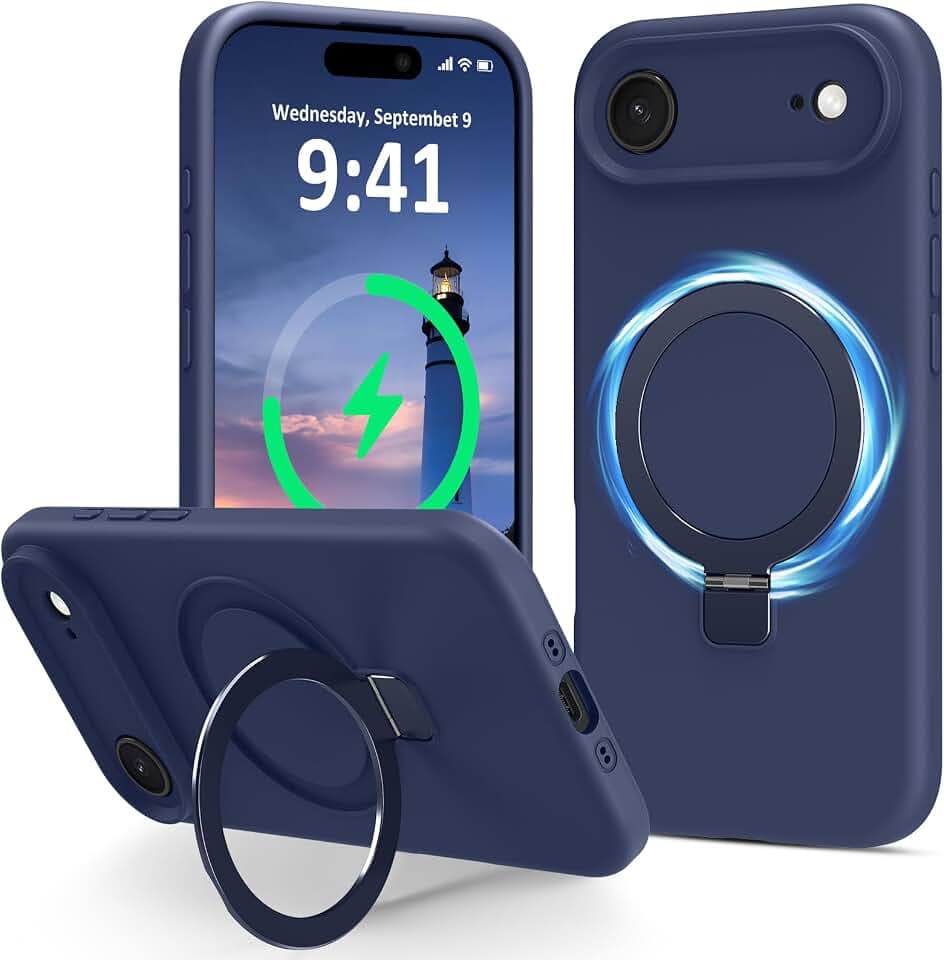 Compatible with iPhone Air Case with Stand, Full Camera Protection Slim Liquid Silicone Phone Cases for iPhone 17 Air Compatible with MagSafe Magnetic Ring Kickstand Case 6.5", Dark Blue