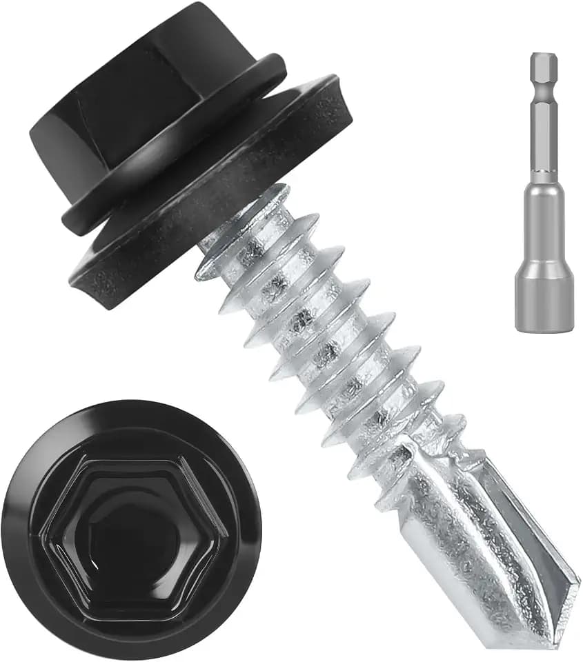 #10 x 3/4" (200 PCS) Black Metal Roofing Screws with Rubber Washer, Hex Head Self Tapping Screws for Metal, Self Drilling Sheet Metal Screw